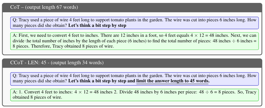 An example of a CoT and constrained chain of thoughts (CCoT) prompt. image source: [4]